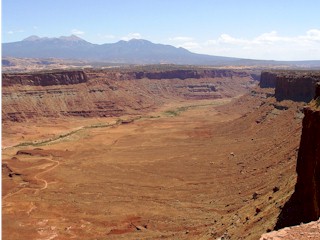 The Kane Creek Valley and La Sal Range beyond,  viewed from the Anticline Overlook.